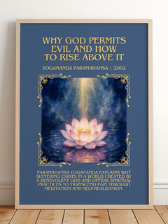 Why god permits evil and how to rise above it Minimalist Book Poster by Yogananda Paramahansa – framed print leaning on a wooden floor