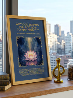 Why god permits evil and how to rise above it Minimalist Book Poster by Yogananda Paramahansa – framed print on a city-view windowsill