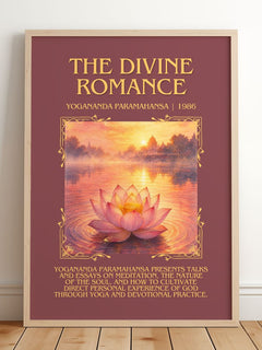 The divine romance Minimalist Book Poster by Yogananda Paramahansa – framed print leaning on a wooden floor