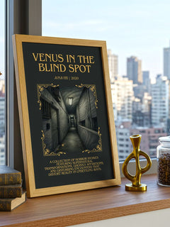 Venus in the Blind Spot Minimalist Book Poster by Junji Itō – framed print on a city-view windowsill