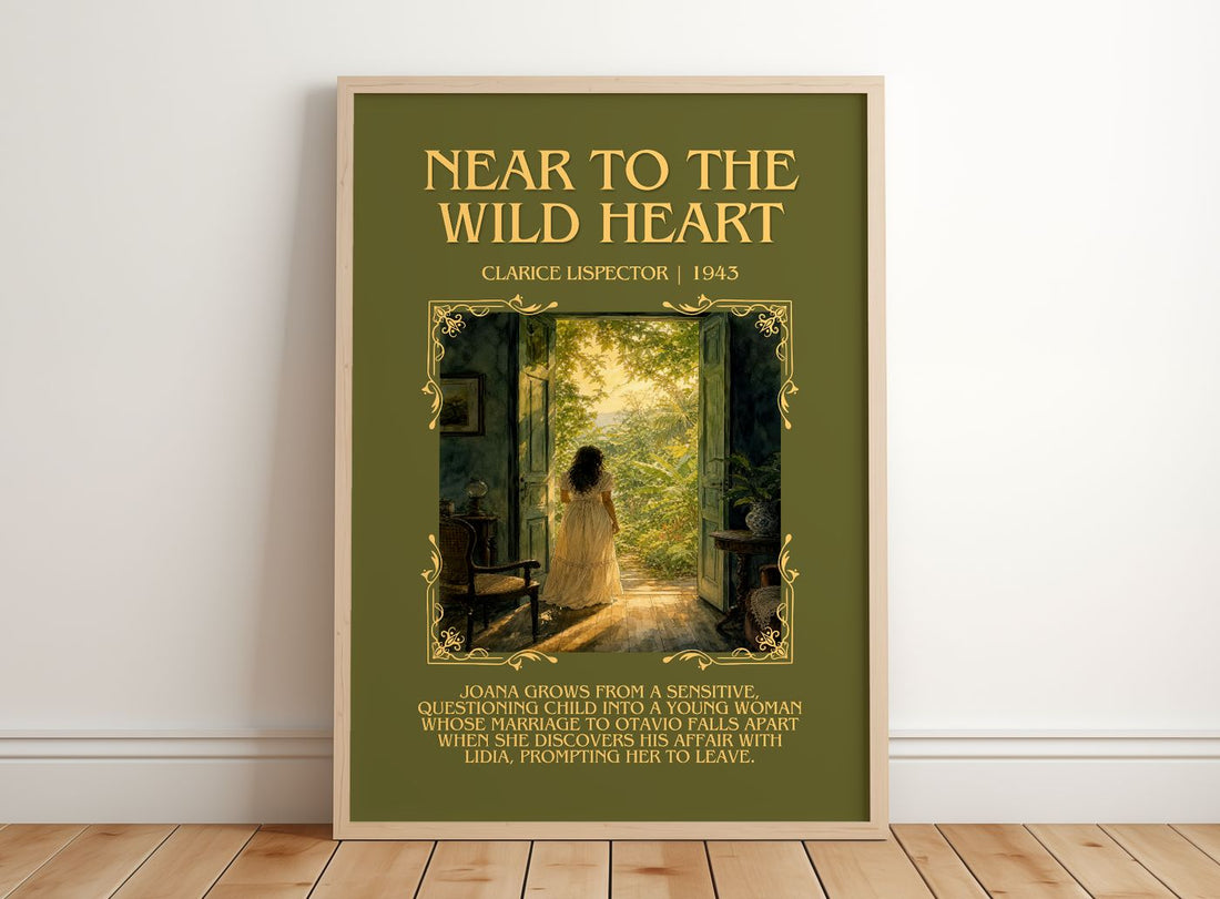 Near to the wild heart Minimalist Book Poster by Clarice Lispector – framed print leaning on a wooden floor