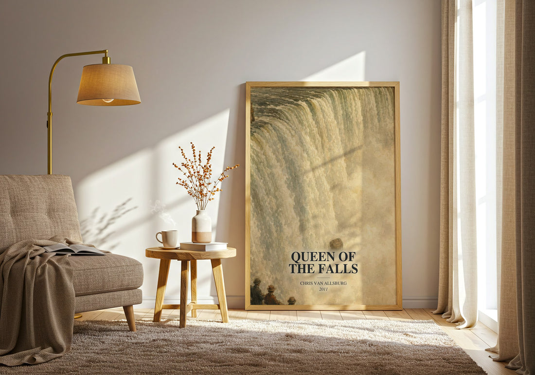 Queen Of The Falls watercolour print in frame leaning in hallway – childrens wall art (mockup)