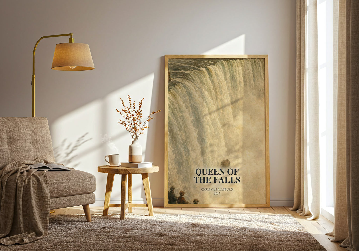 Queen Of The Falls watercolour print in frame leaning in hallway – childrens wall art