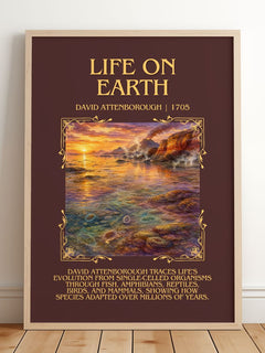 Life on Earth Minimalist Book Poster by David Attenborough – framed print leaning on a wooden floor