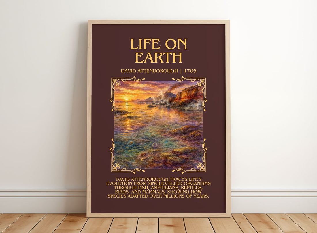 Life on Earth Minimalist Book Poster by David Attenborough – framed print leaning on a wooden floor