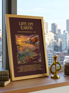 Life on Earth Minimalist Book Poster by David Attenborough – framed print on a city-view windowsill