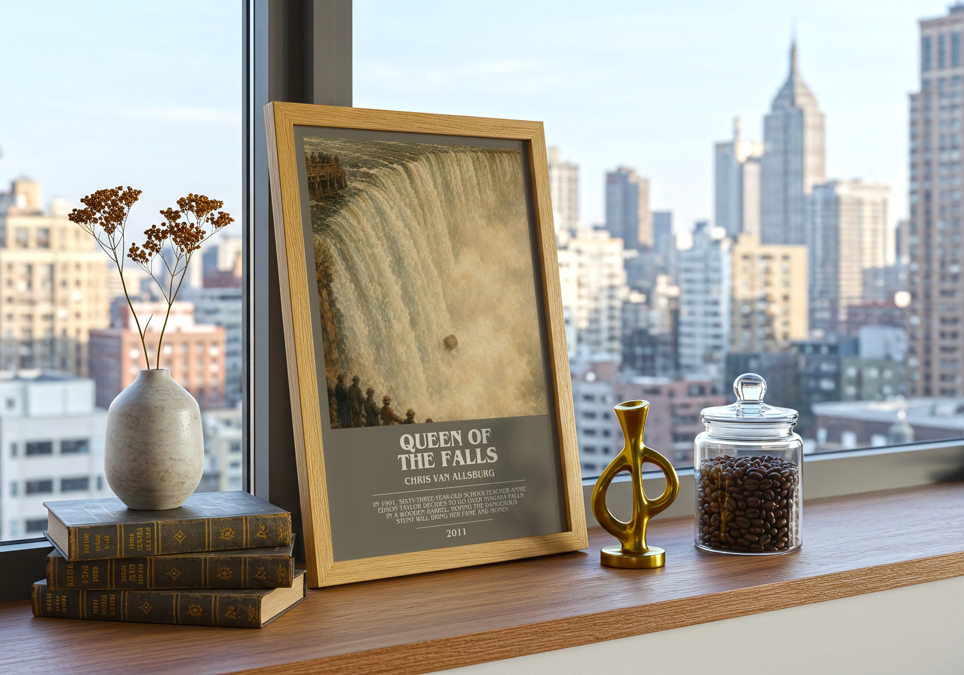 Queen Of The Falls bookish print framed by window – literary home decor