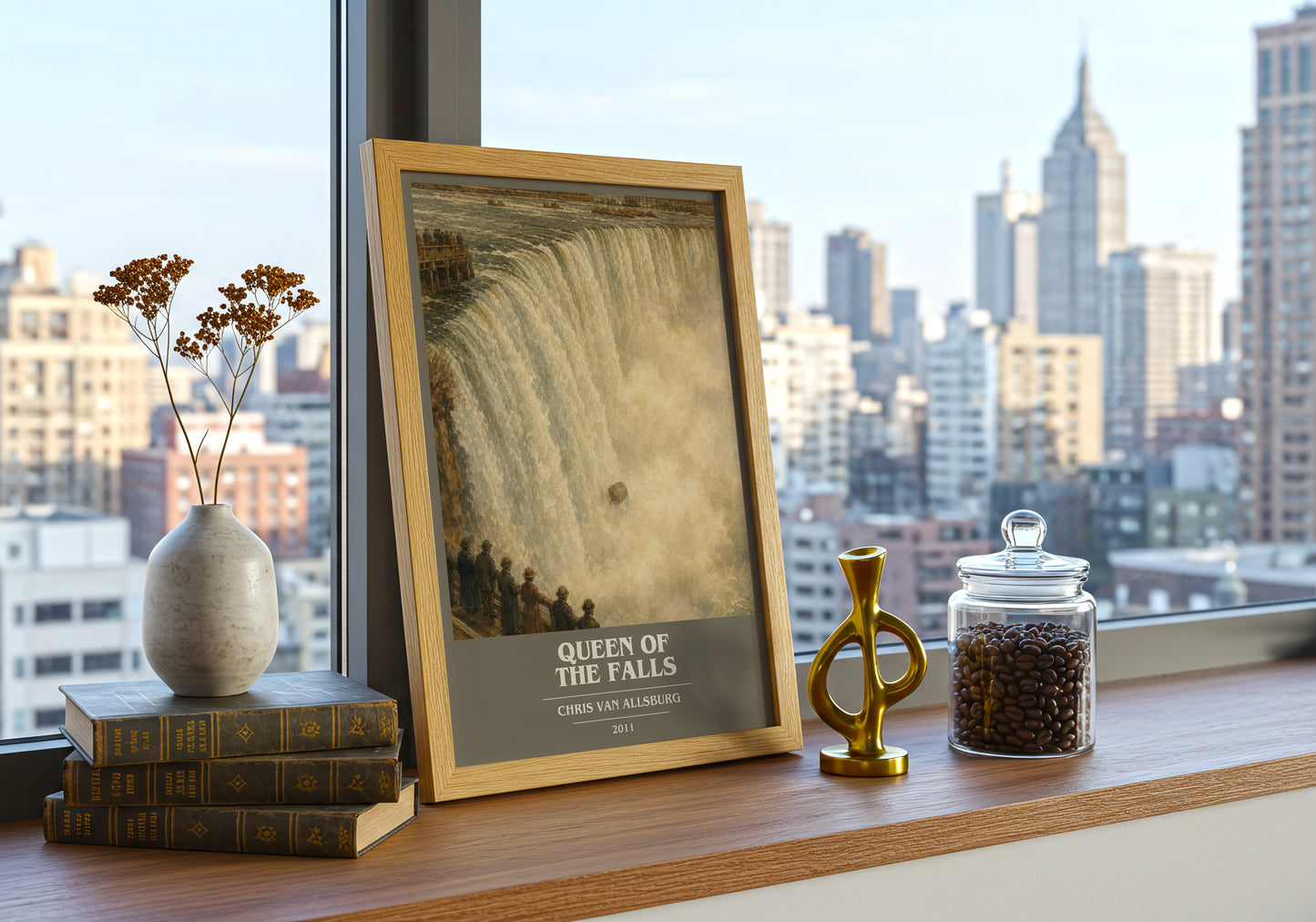 Queen Of The Falls book cover print framed by window – literary home decor