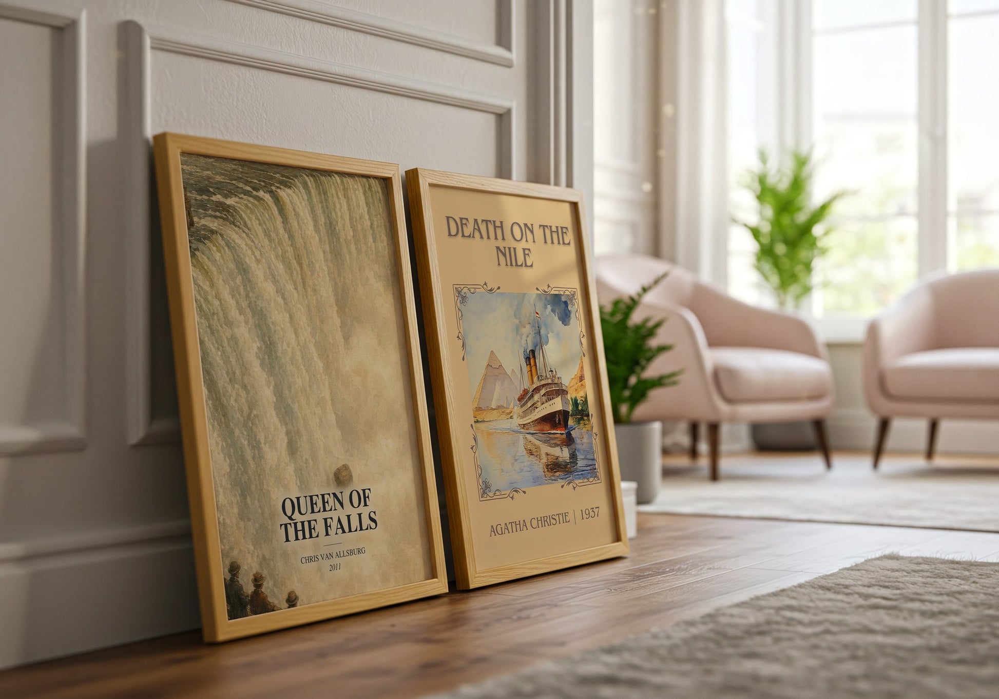 Queen Of The Falls watercolour print framed by window – literary home decor