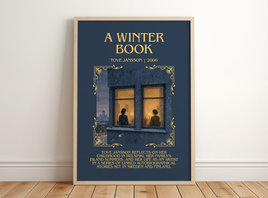 A winter book Minimalist Book Poster by Tove Jansson – framed print leaning on a wooden floor