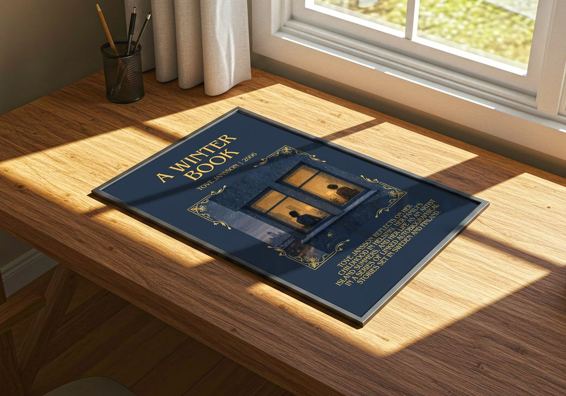A winter book Minimalist Book Poster by Tove Jansson – print on a sunlit desk