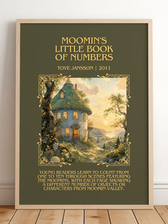 Moomin's little book of numbers Minimalist Book Poster by Tove Jansson – framed print leaning on a wooden floor