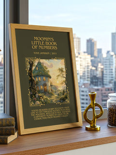 Moomin's little book of numbers Minimalist Book Poster by Tove Jansson – framed print on a city-view windowsill