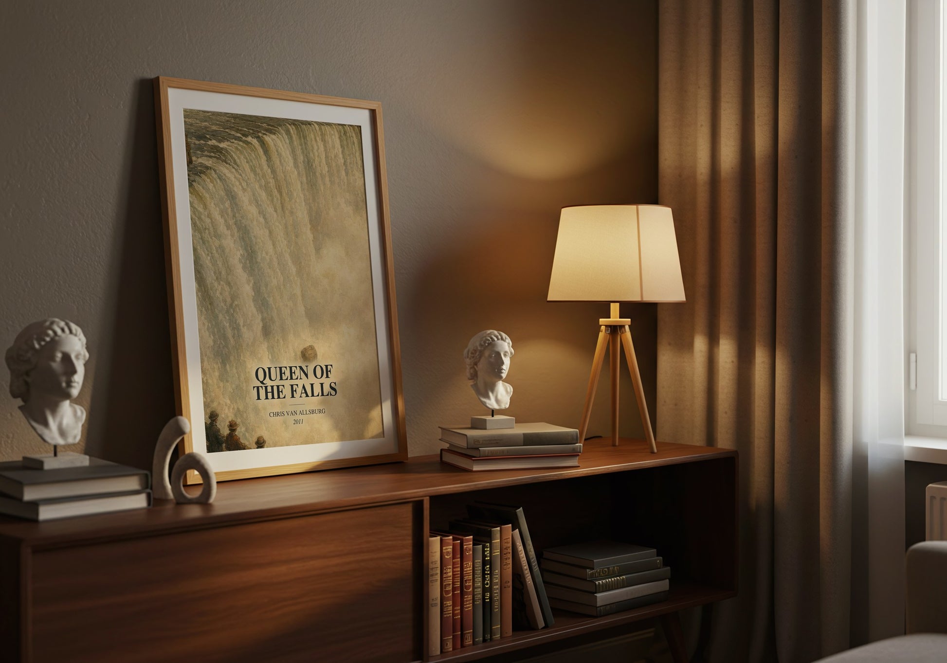 Queen Of The Falls watercolour print on bookshelf – Chris Van Allsburg fan gift