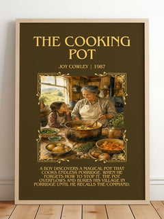 The Cooking Pot Minimalist Book Poster by Joy Cowley – framed print leaning on a wooden floor