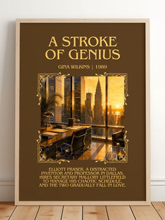A Stroke Of Genius Minimalist Book Poster by Gina Wilkins – framed print leaning on a wooden floor