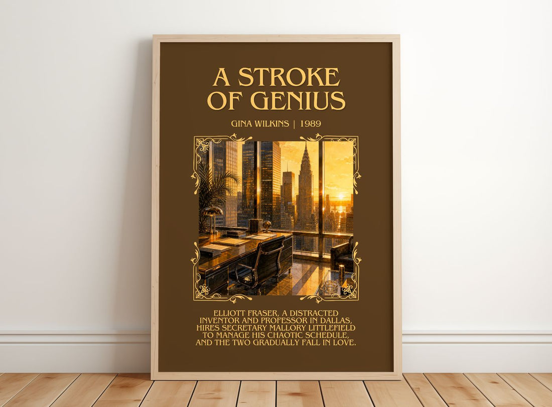 A Stroke Of Genius Minimalist Book Poster by Gina Wilkins – framed print leaning on a wooden floor