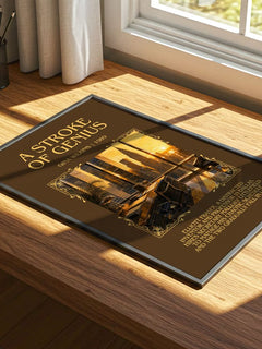 A Stroke Of Genius Minimalist Book Poster by Gina Wilkins – print on a sunlit desk