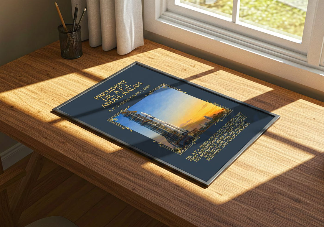 President Dr. A.P.J. Abdul Kalam Minimalist Book Poster by A. Kalam – print on a sunlit desk