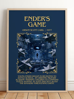 Ender's Game Minimalist Book Poster by Orson Scott Card. – framed print leaning on a wooden floor