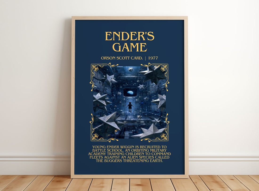 Ender's Game Minimalist Book Poster by Orson Scott Card. – framed print leaning on a wooden floor