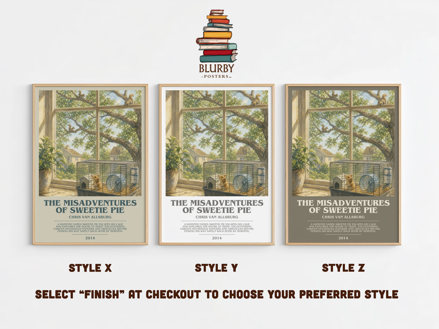 The Misadventures Of Sweetie Pie bookish print in frame leaning in hallway – childrens wall art