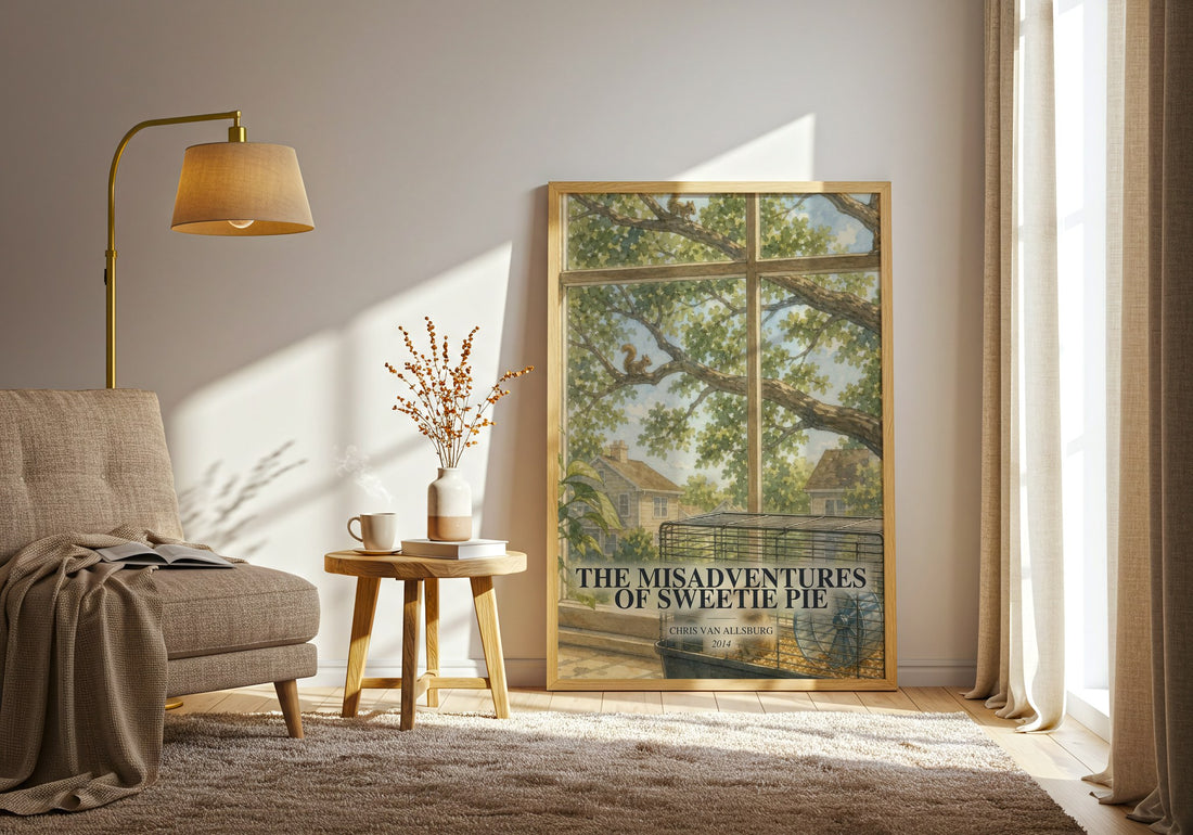 The Misadventures Of Sweetie Pie watercolour print in frame leaning in hallway – childrens wall art (mockup)
