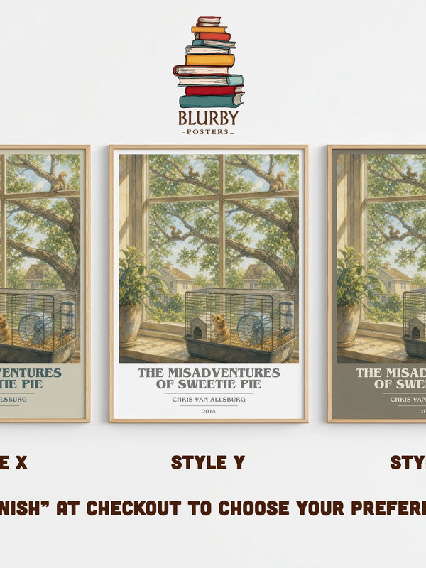 The Misadventures Of Sweetie Pie book cover print in frame leaning in hallway – childrens wall art