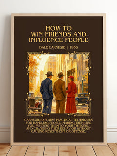 How to Win Friends and Influence People Minimalist Book Poster by Dale Carnegie – framed print leaning on a wooden floor