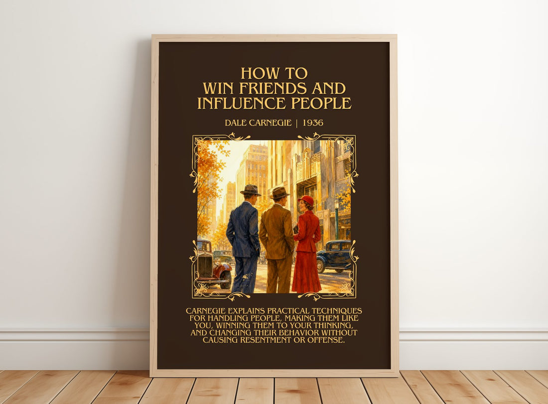 How to Win Friends and Influence People Minimalist Book Poster by Dale Carnegie – framed print leaning on a wooden floor