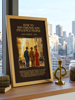 How to Win Friends and Influence People Minimalist Book Poster by Dale Carnegie – framed print on a city-view windowsill