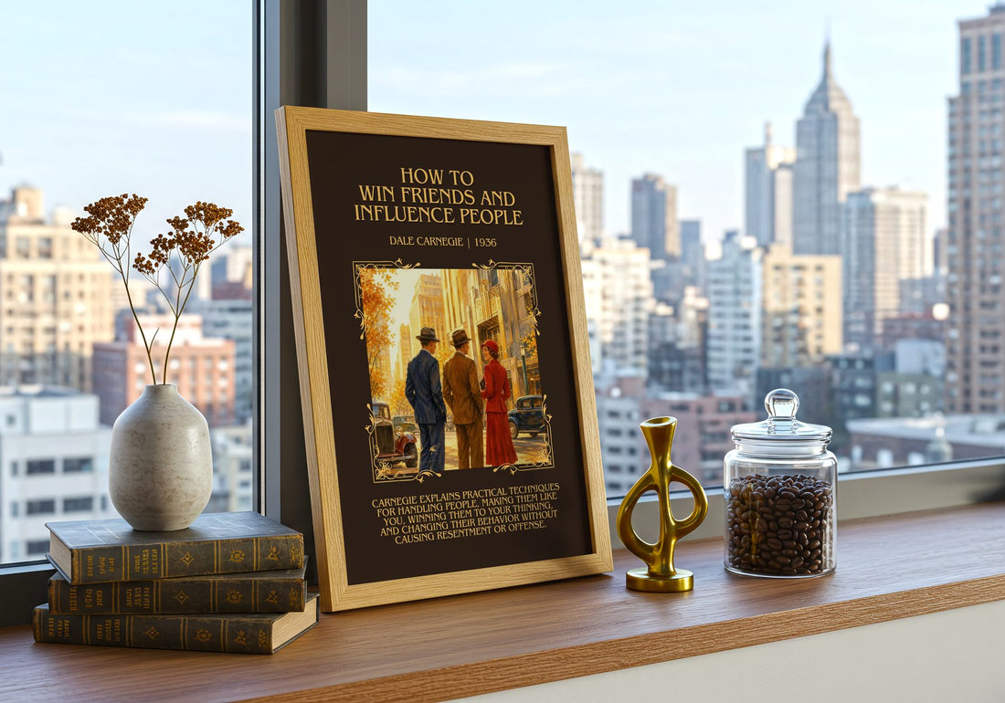 How to Win Friends and Influence People Minimalist Book Poster by Dale Carnegie – framed print on a city-view windowsill