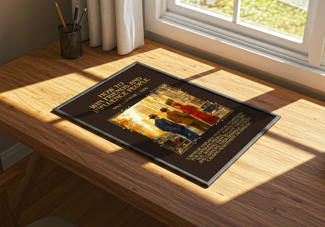 How to Win Friends and Influence People Minimalist Book Poster by Dale Carnegie – print on a sunlit desk
