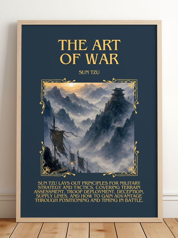 The Art of War Minimalist Book Poster by Sun Tzu – framed print leaning on a wooden floor