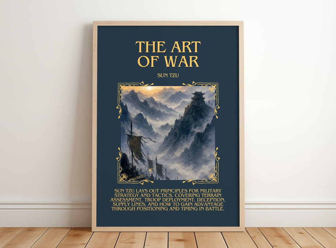 The Art of War Minimalist Book Poster by Sun Tzu – framed print leaning on a wooden floor