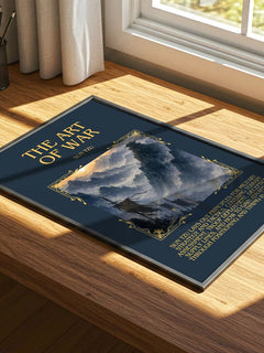 The Art of War Minimalist Book Poster by Sun Tzu – print on a sunlit desk