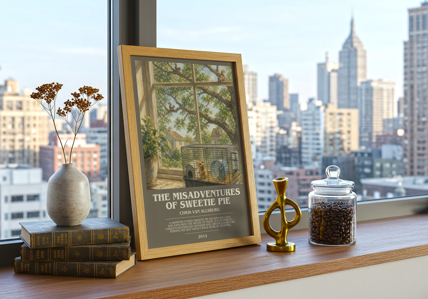 The Misadventures Of Sweetie Pie bookish print framed by window – literary home decor