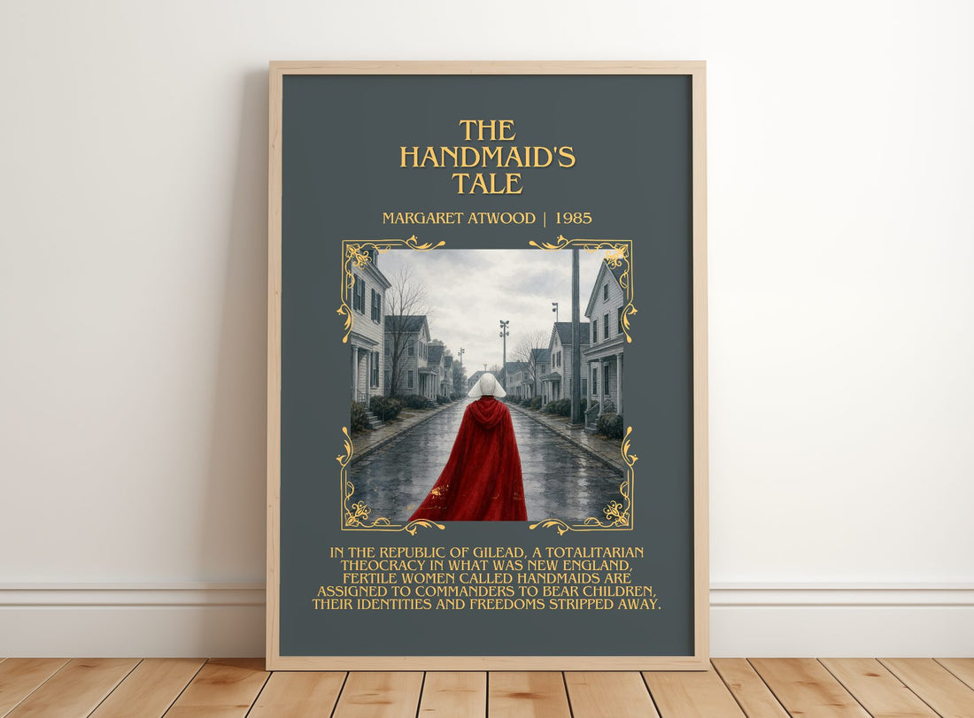 The Handmaid's Tale Minimalist Book Poster by Margaret Atwood – framed print leaning on a wooden floor
