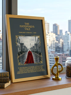 The Handmaid's Tale Minimalist Book Poster by Margaret Atwood – framed print on a city-view windowsill