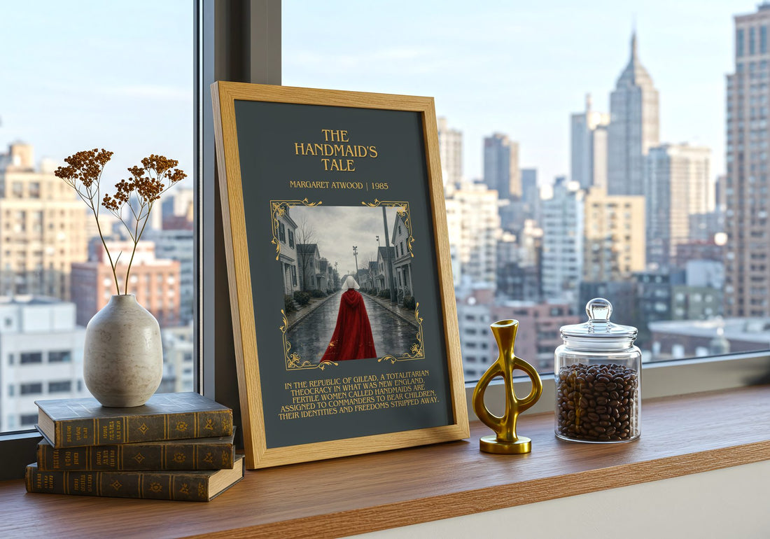 The Handmaid's Tale Minimalist Book Poster by Margaret Atwood – framed print on a city-view windowsill