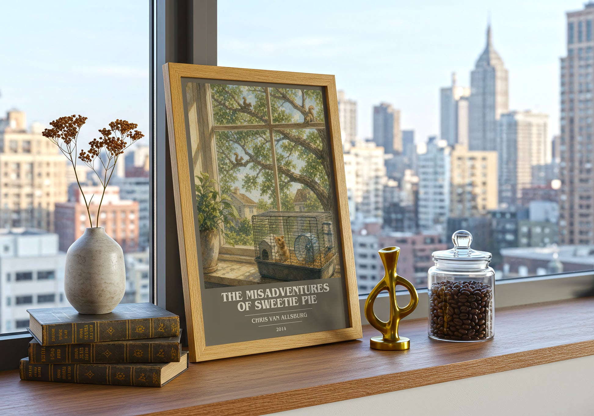 The Misadventures Of Sweetie Pie book cover print framed by window – literary home decor