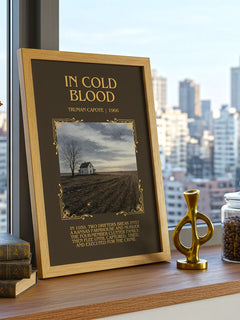 In Cold Blood Minimalist Book Poster by Truman Capote – framed print on a city-view windowsill