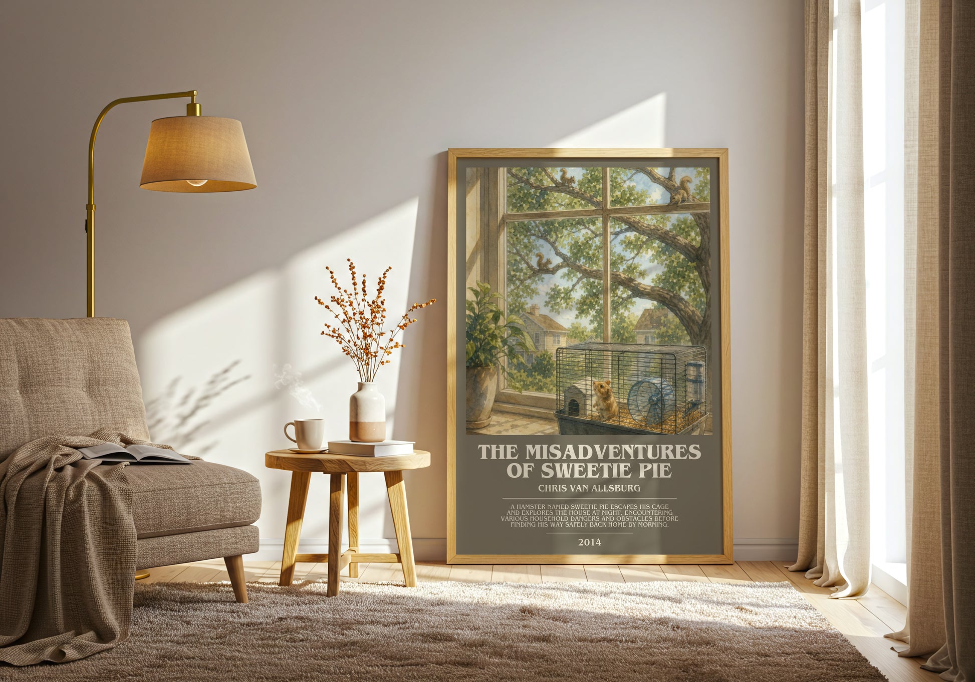 The Misadventures Of Sweetie Pie bookish print on bookshelf – Chris Van Allsburg fan gift