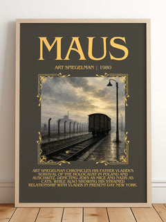 Maus Minimalist Book Poster by Art Spiegelman – framed print leaning on a wooden floor
