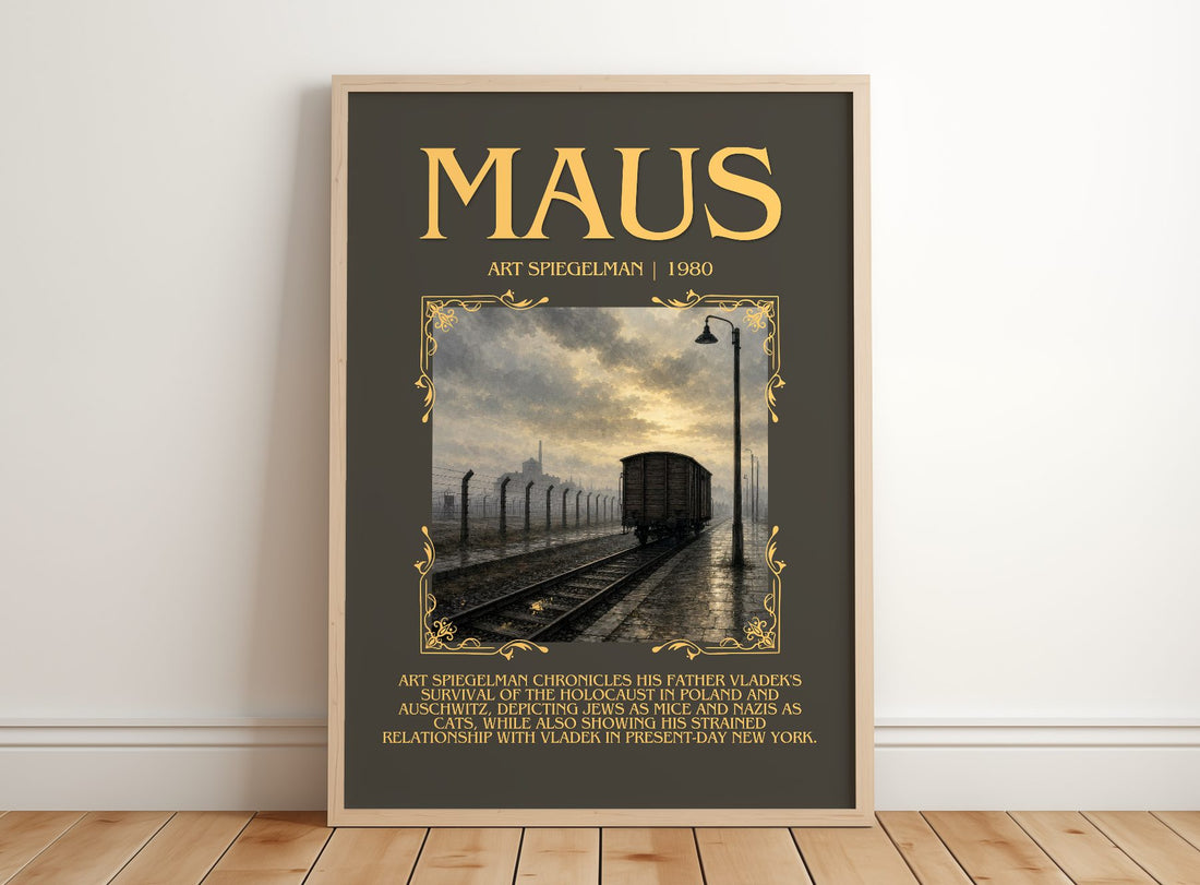 Maus Minimalist Book Poster by Art Spiegelman – framed print leaning on a wooden floor