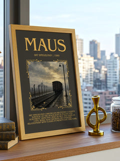 Maus Minimalist Book Poster by Art Spiegelman – framed print on a city-view windowsill