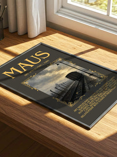 Maus Minimalist Book Poster by Art Spiegelman – print on a sunlit desk