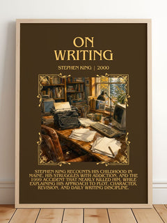 On Writing Minimalist Book Poster by Stephen King – framed print leaning on a wooden floor