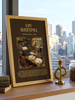 On Writing Minimalist Book Poster by Stephen King – framed print on a city-view windowsill