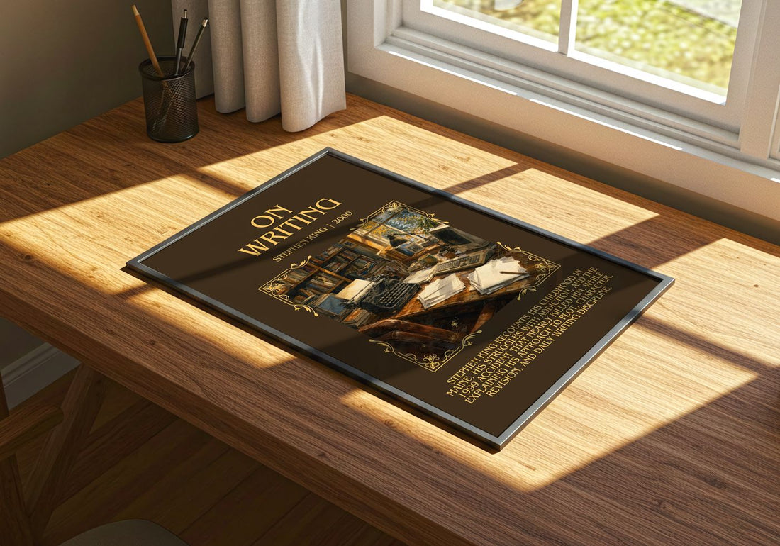 On Writing Minimalist Book Poster by Stephen King – print on a sunlit desk